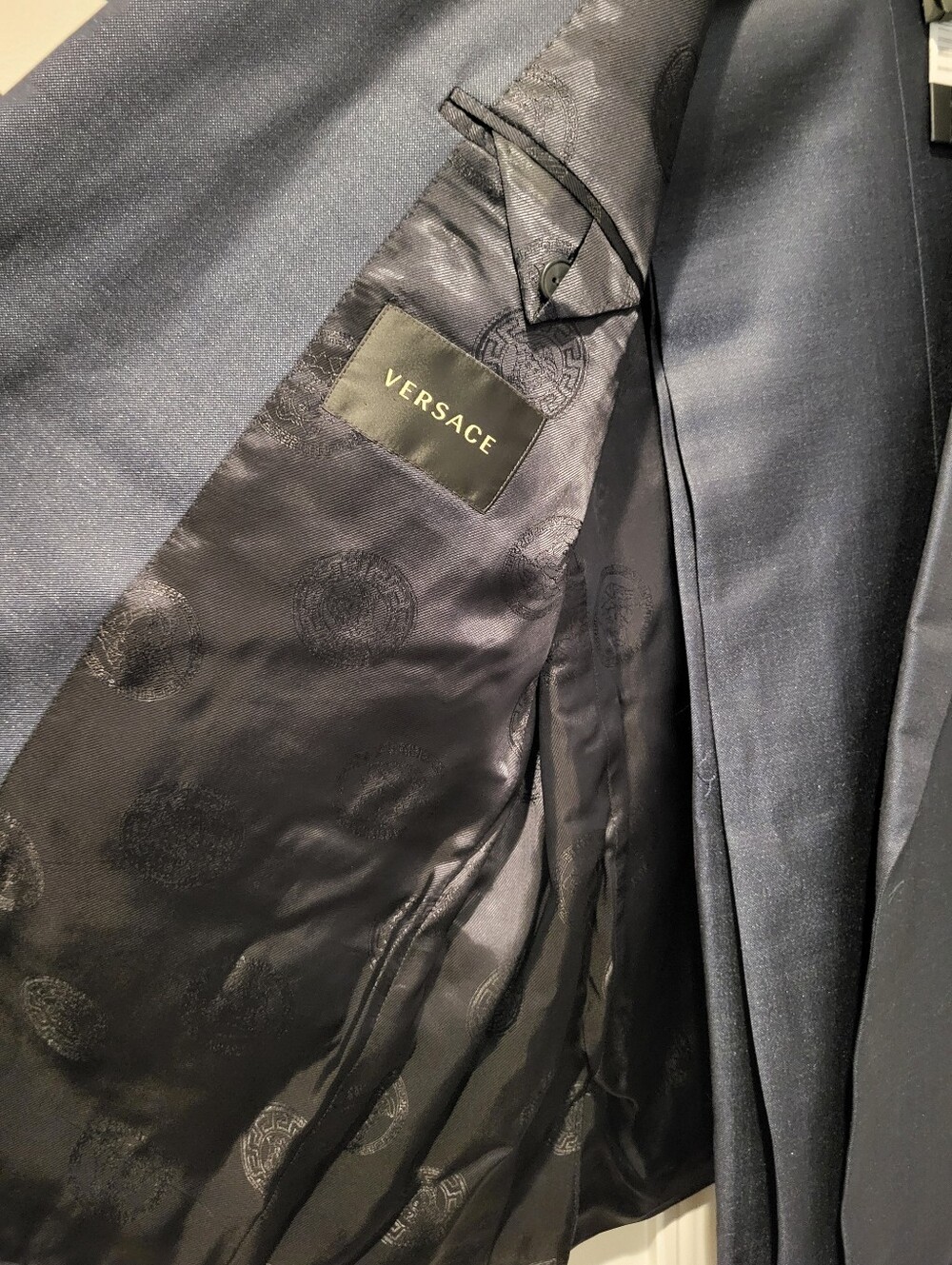 Versace Men's Dark Navy Double-Breasted Suit Jacket & Pants Set Size 58 - Picture 4 of 13